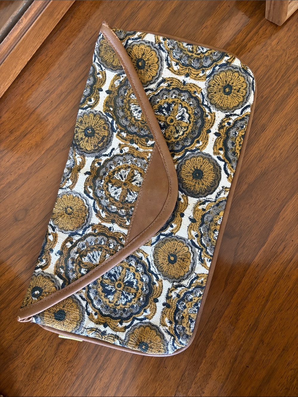 Joyn Textured Floral Envelope Clutch in Mustard and Brown